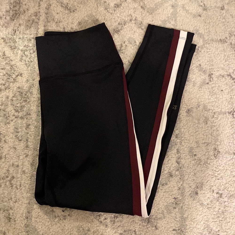 Splits59 Black Leggings with Burgundy and White Side Stripes